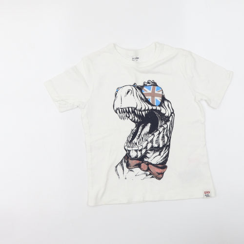 Gap Boys White Cotton Basic Polo Size 5 Years Round Neck Pullover - Dinosaur