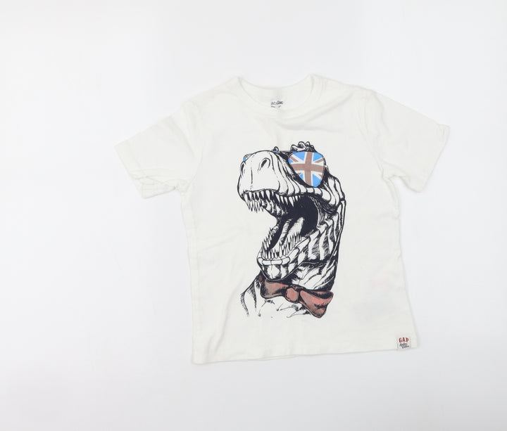 Gap Boys White Cotton Basic Polo Size 5 Years Round Neck Pullover - Dinosaur