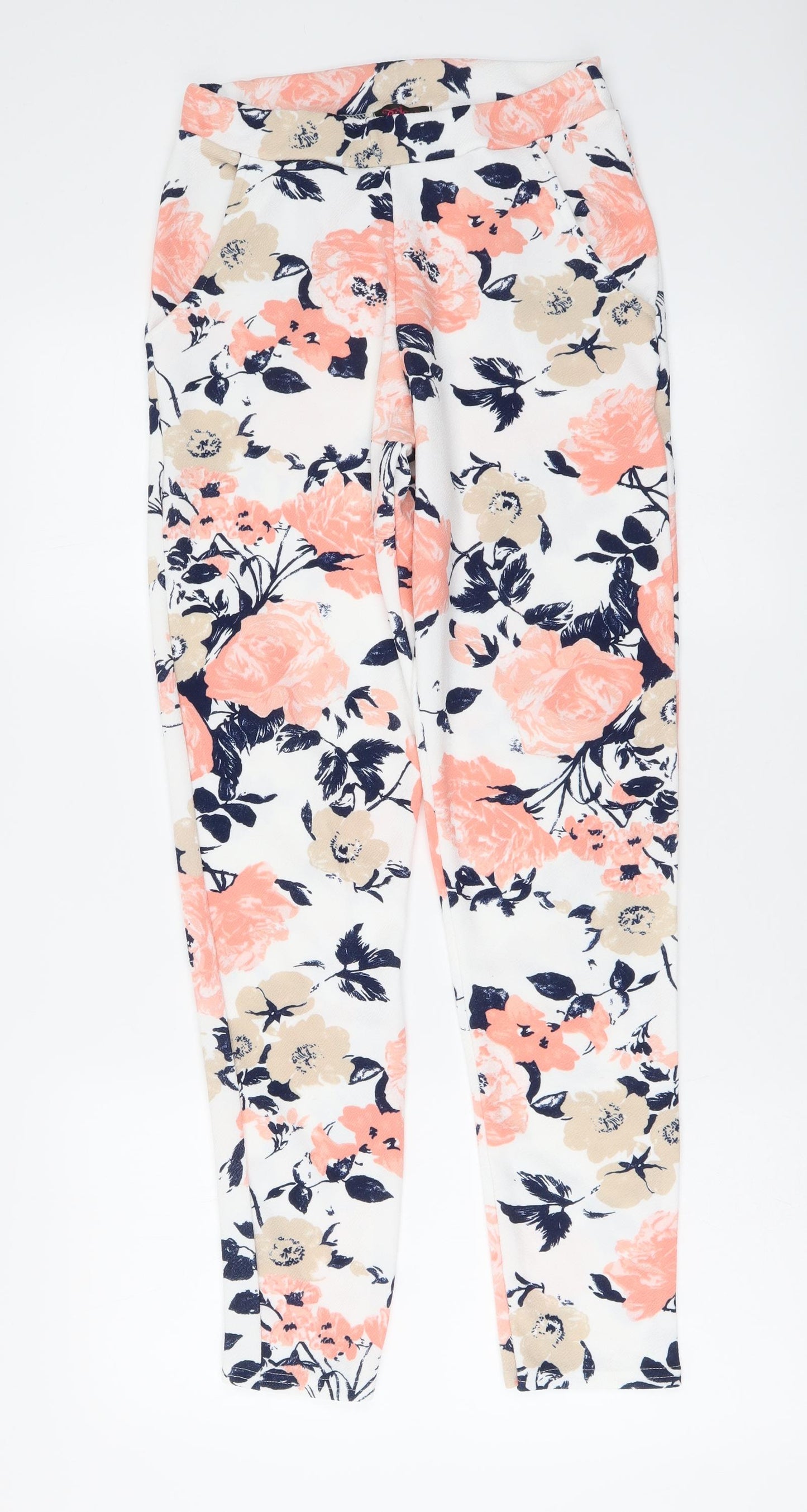 Edge Womens White Floral Polyester Trousers Size 10 L28 in Regular Drawstring
