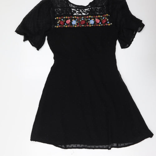New Look Womens Black Floral Polyester A-Line Size 6 Boat Neck Zip