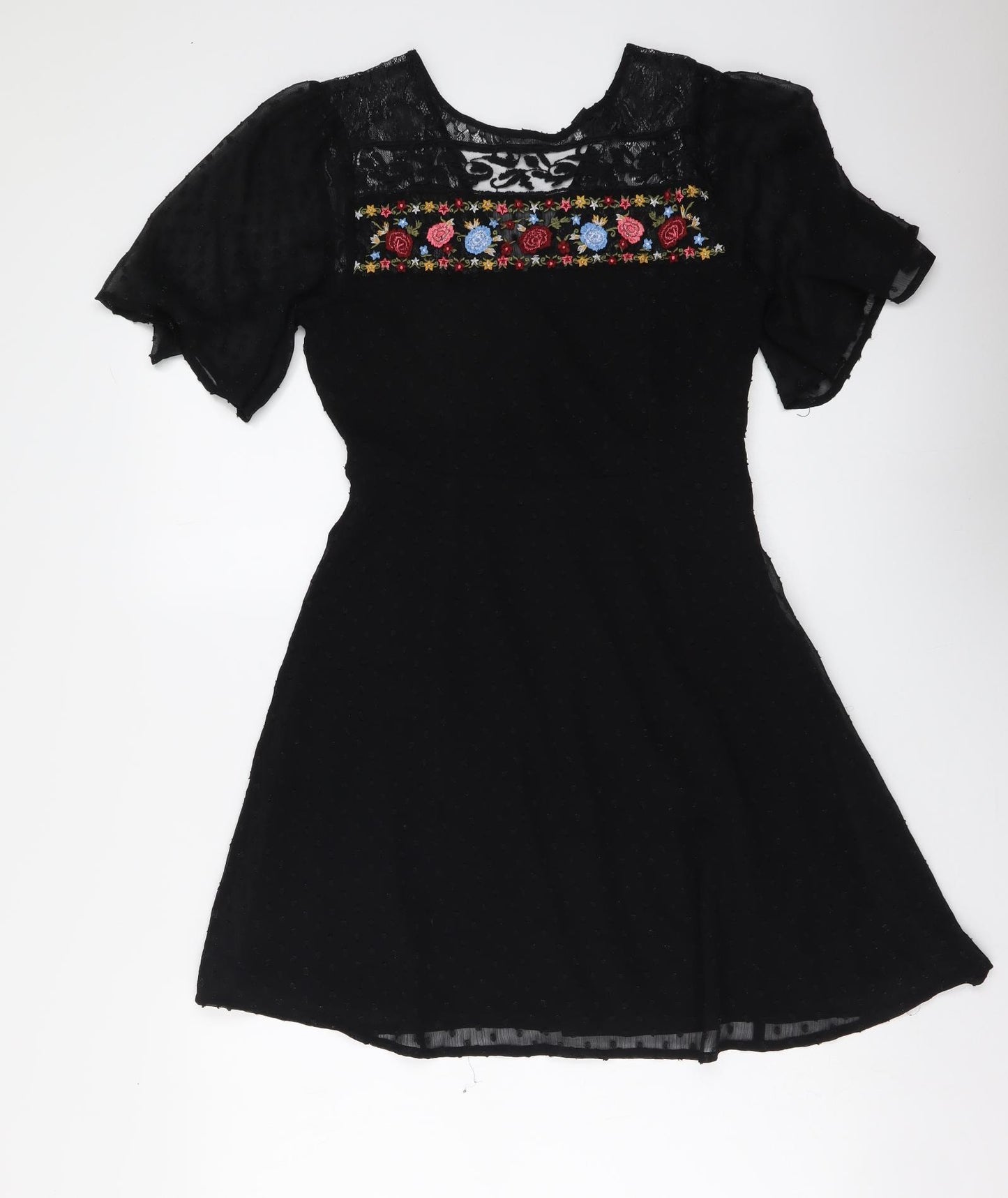 New Look Womens Black Floral Polyester A-Line Size 6 Boat Neck Zip