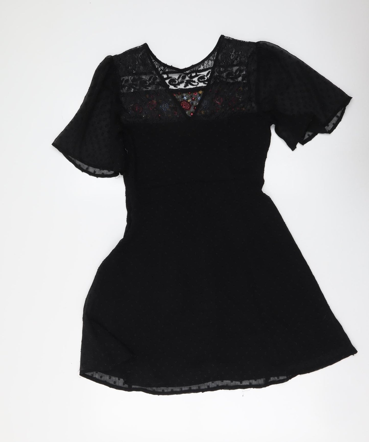 New Look Womens Black Floral Polyester A-Line Size 6 Boat Neck Zip