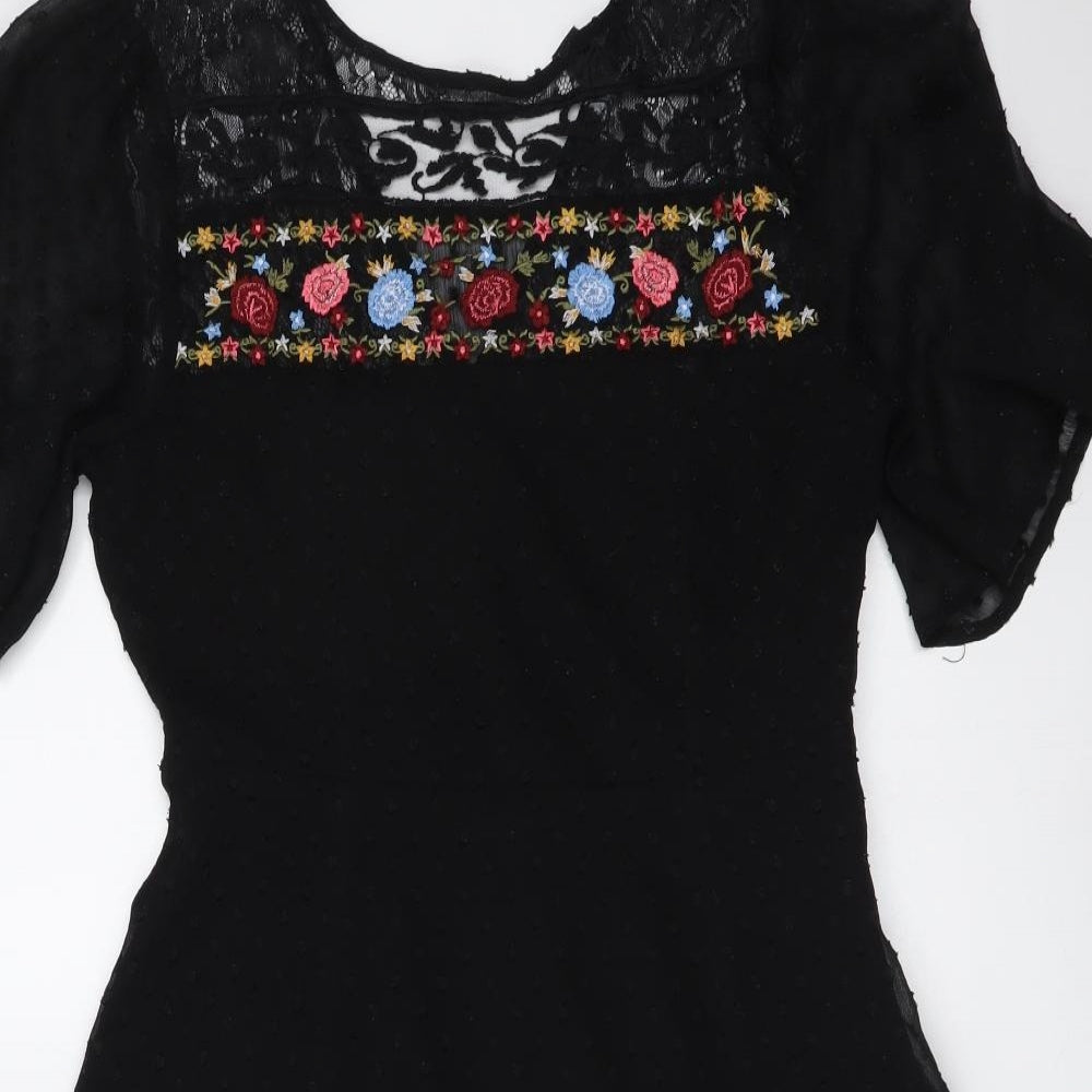 New Look Womens Black Floral Polyester A-Line Size 6 Boat Neck Zip
