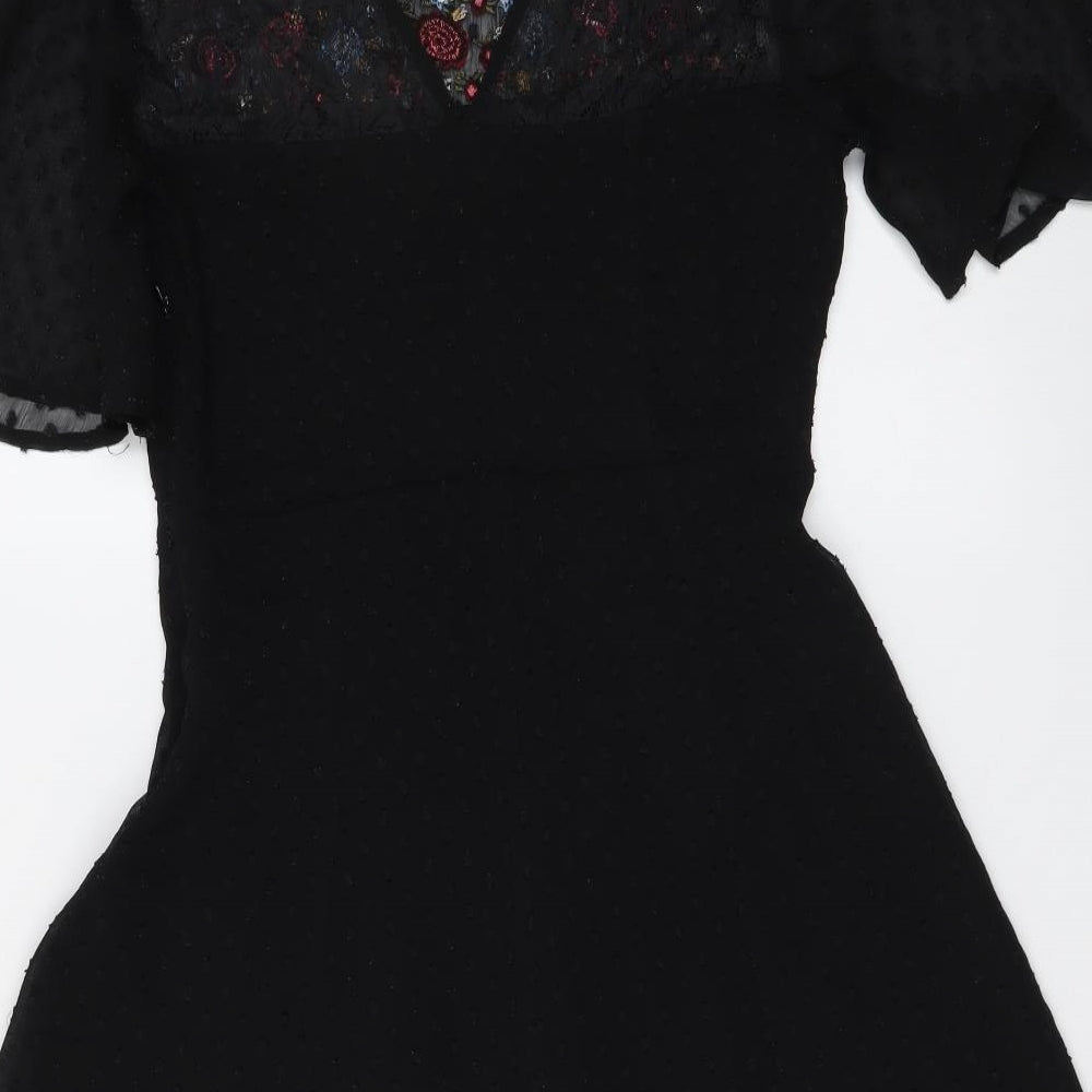 New Look Womens Black Floral Polyester A-Line Size 6 Boat Neck Zip