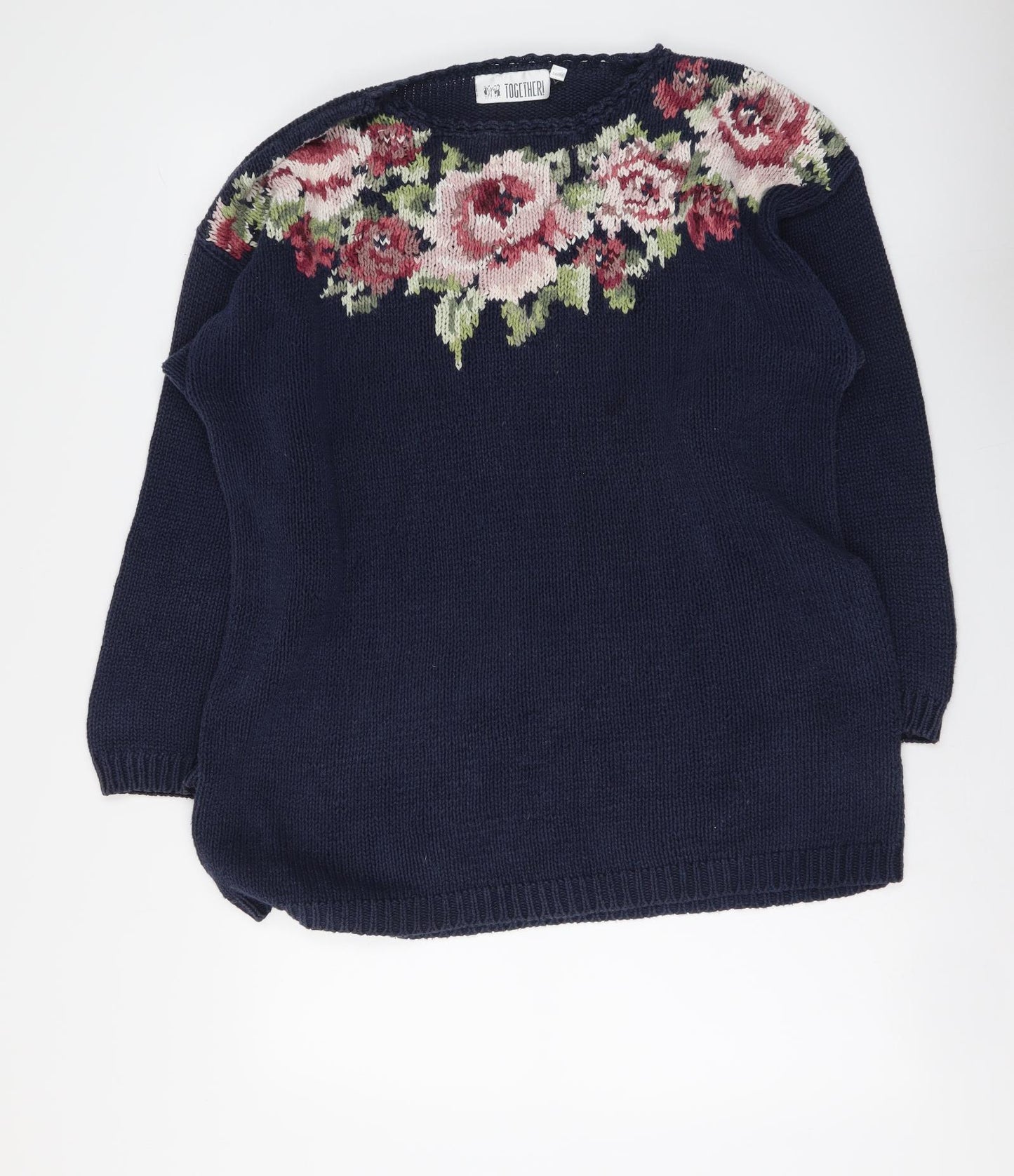 Together Womens Blue Round Neck Floral Acrylic Pullover Jumper Size 16