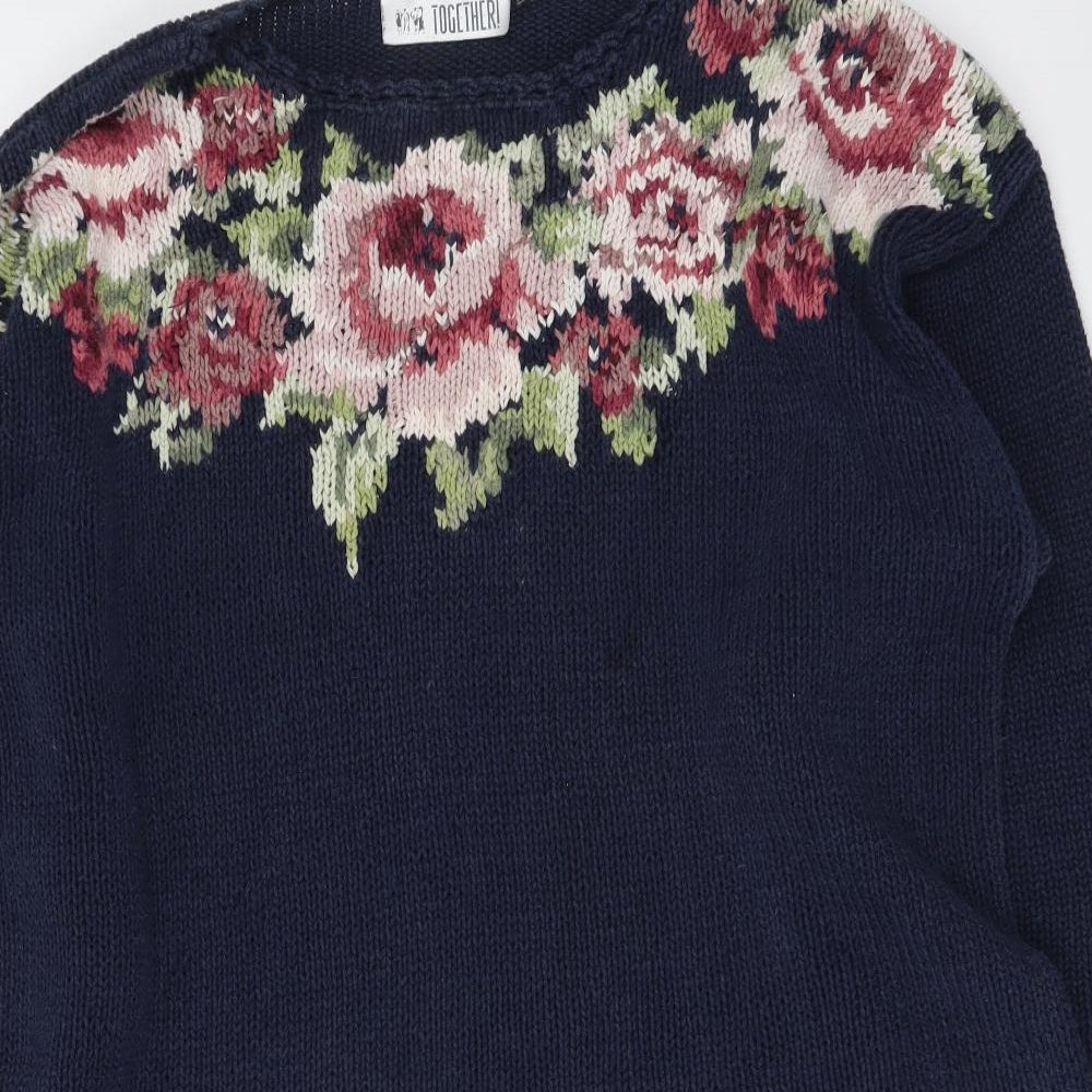 Together Womens Blue Round Neck Floral Acrylic Pullover Jumper Size 16