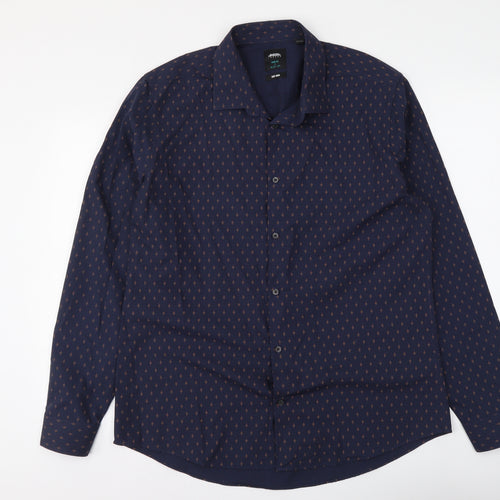 Burton Mens Blue Geometric Polyester Button-Up Size 16 Collared Button