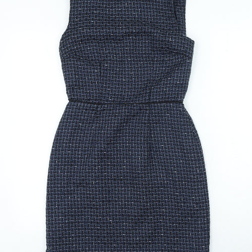 Warehouse Womens Blue Check Polyester Bodycon Size 10 Round Neck Zip