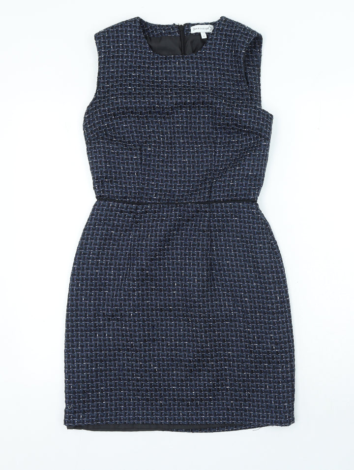 Warehouse Womens Blue Check Polyester Bodycon Size 10 Round Neck Zip