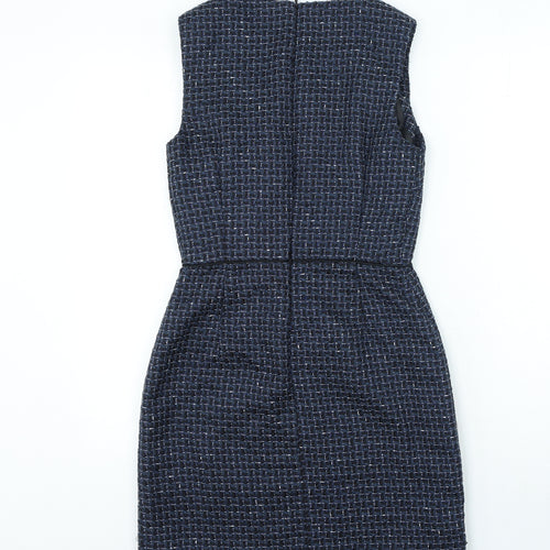 Warehouse Womens Blue Check Polyester Bodycon Size 10 Round Neck Zip