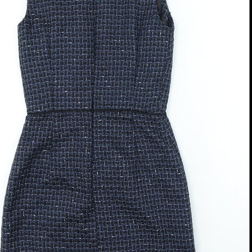 Warehouse Womens Blue Check Polyester Bodycon Size 10 Round Neck Zip