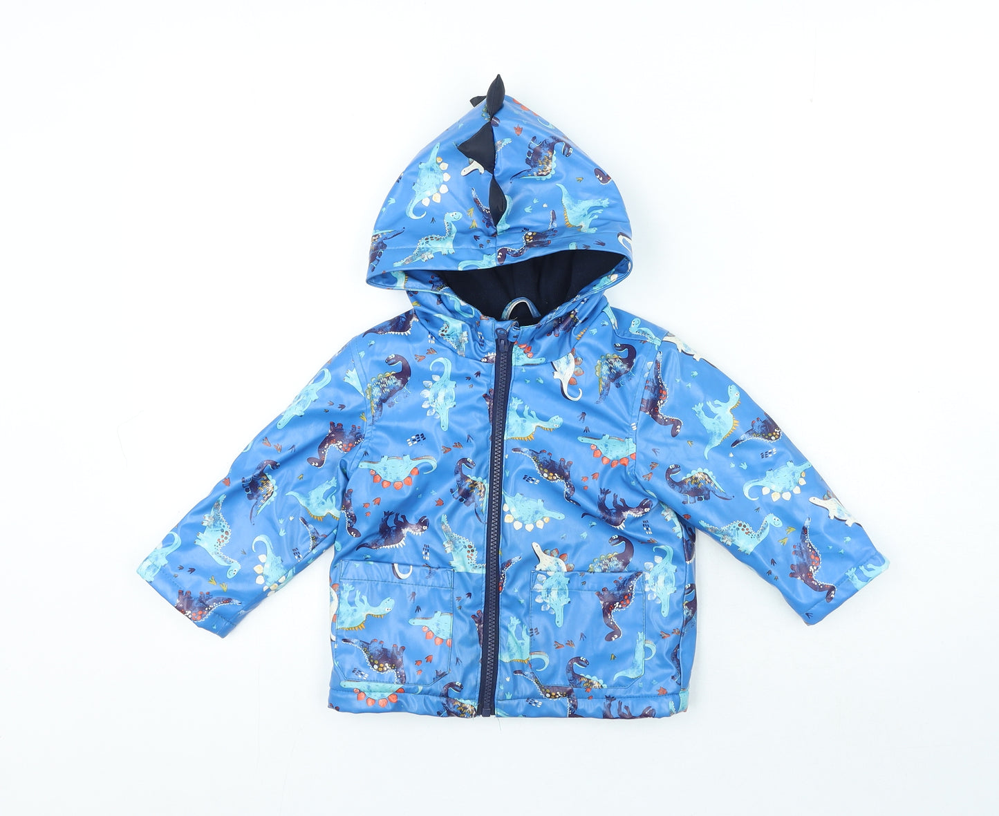 Preworn Boys Blue Geometric Basic Coat Coat Size 12-18 Months Zip - Dinosaur