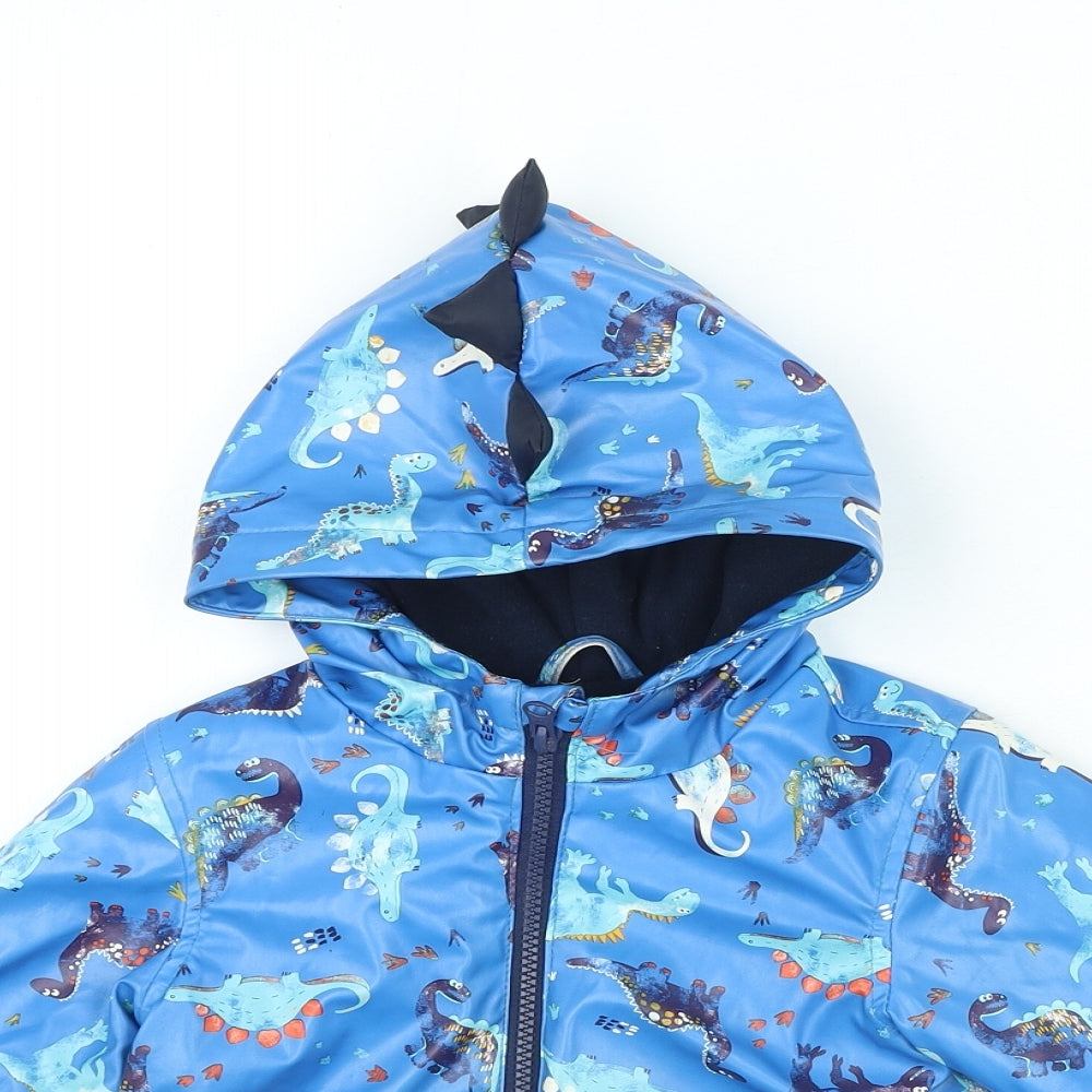 Preworn Boys Blue Geometric Basic Coat Coat Size 12-18 Months Zip - Dinosaur