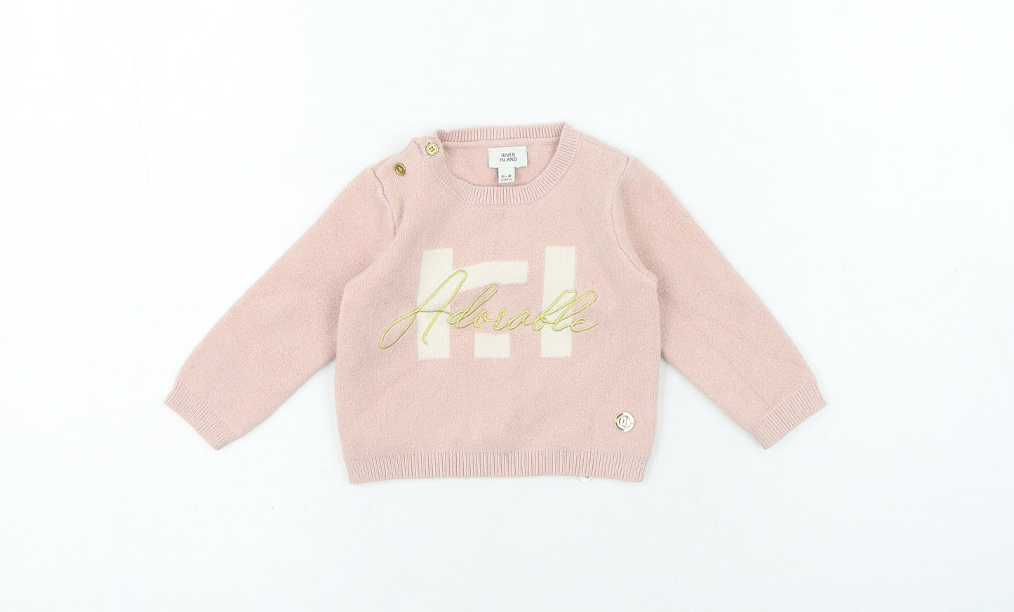 River Island Girls Pink Viscose Jersey T-Shirt Size 6-9 Months Crew Neck Snap - Adorable