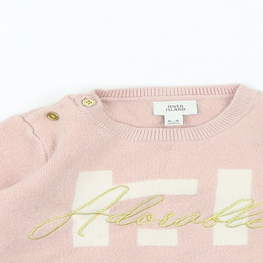 River Island Girls Pink Viscose Jersey T-Shirt Size 6-9 Months Crew Neck Snap - Adorable