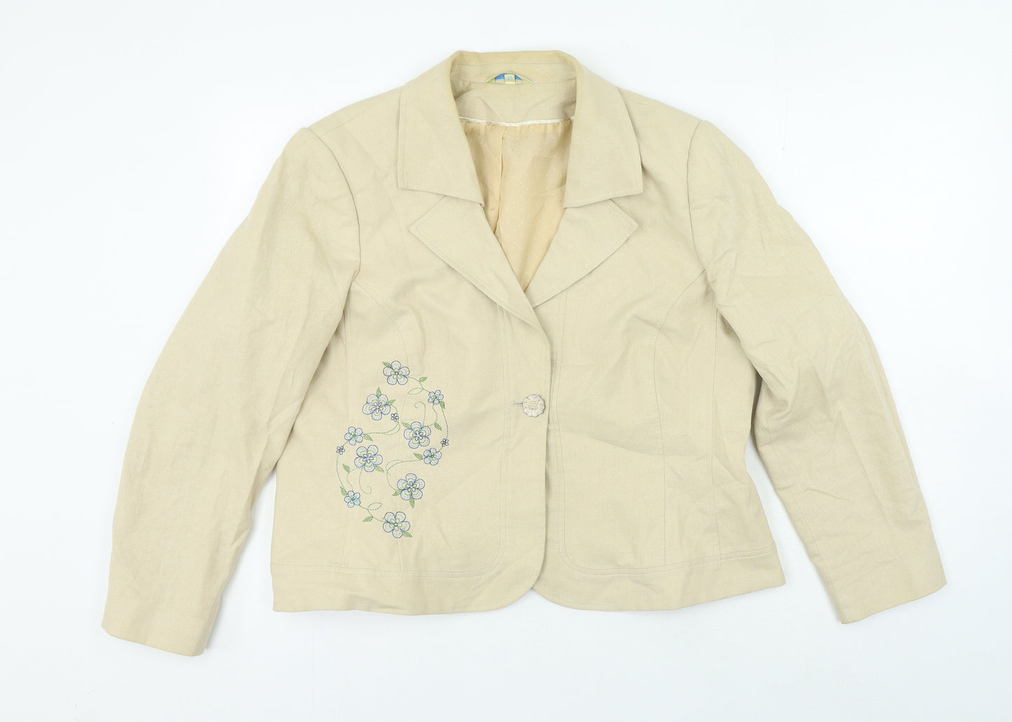Klass Womens Beige Floral Linen Jacket Blazer Size 18 - Embroidered