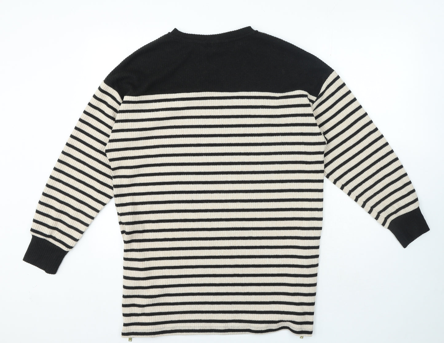 F&F Womens Black Crew Neck Striped Polyester Pullover Jumper Size 14 - Zip on sides