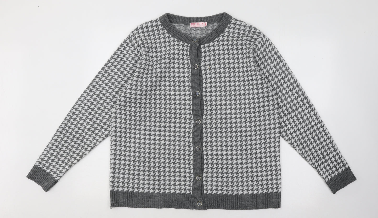 Reflect Womens Grey Round Neck Geometric Acrylic Cardigan Jumper Size L - Houndstooth