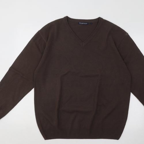 WOODVILLE Mens Brown V-Neck Acrylic Pullover Jumper Size L