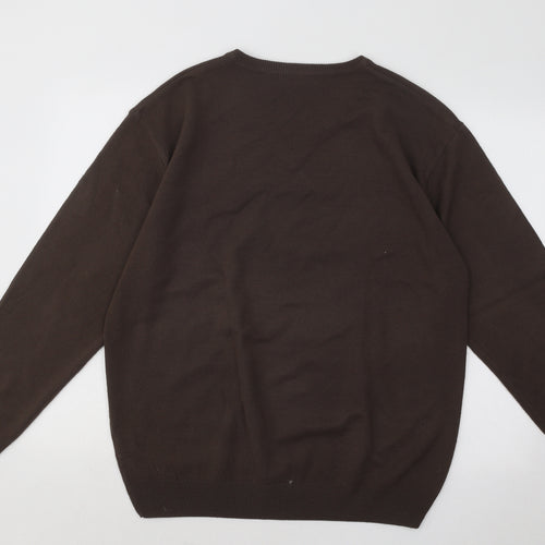 WOODVILLE Mens Brown V-Neck Acrylic Pullover Jumper Size L