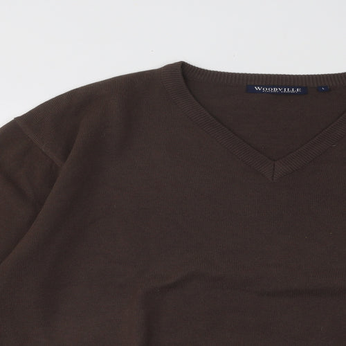 WOODVILLE Mens Brown V-Neck Acrylic Pullover Jumper Size L