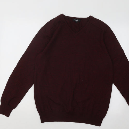 New Look Mens Red V-Neck Acrylic Pullover Jumper Size L