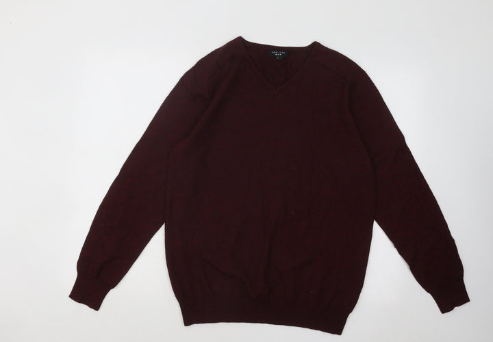 New Look Mens Red V-Neck Acrylic Pullover Jumper Size L