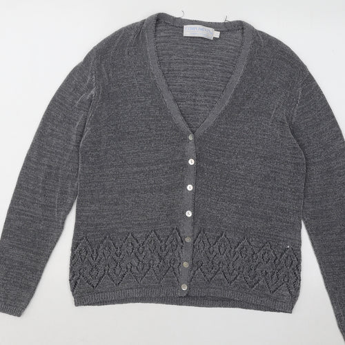 Compliments Womens Grey V-Neck Geometric Polyester Cardigan Jumper Size 14