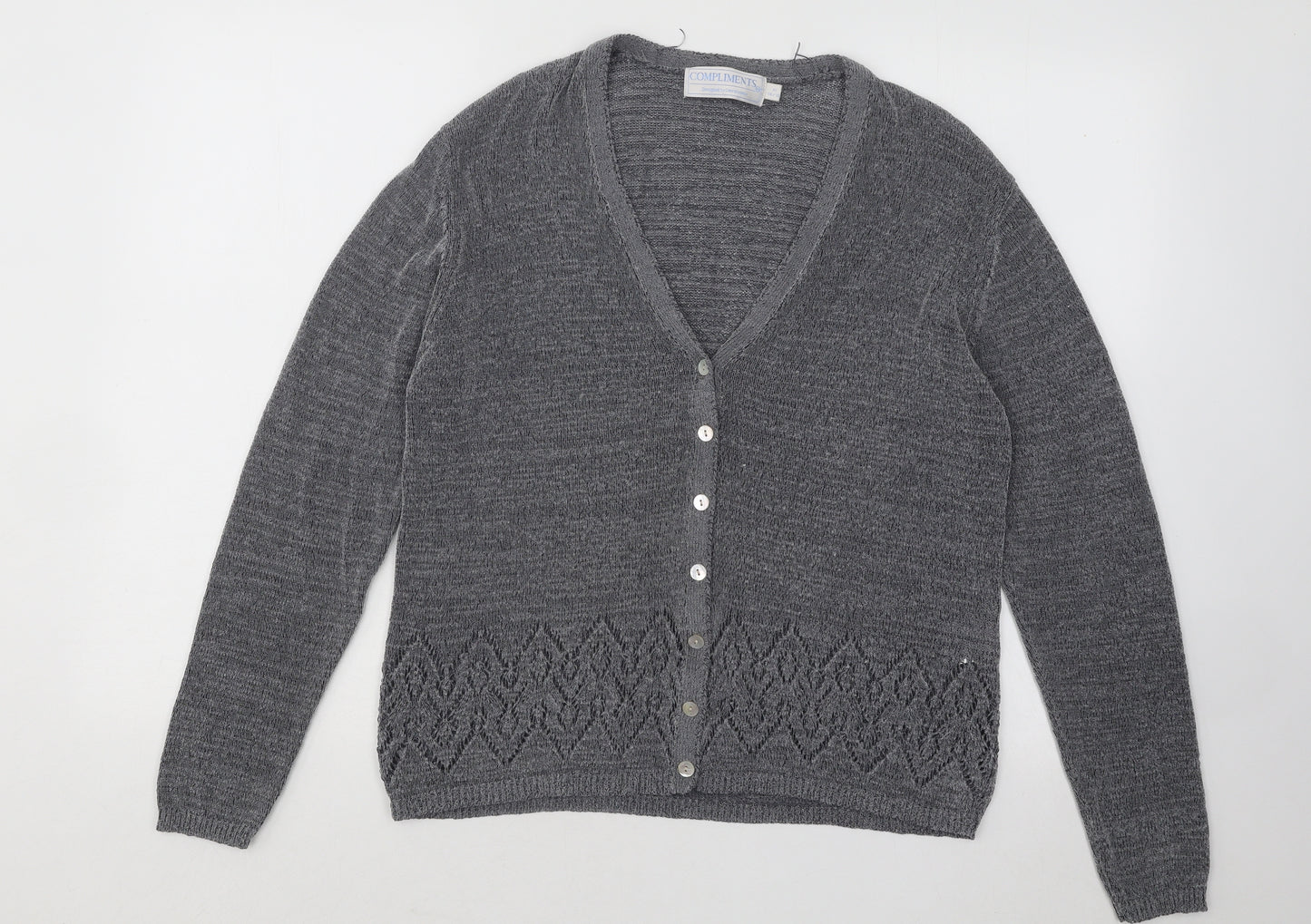 Compliments Womens Grey V-Neck Geometric Polyester Cardigan Jumper Size 14