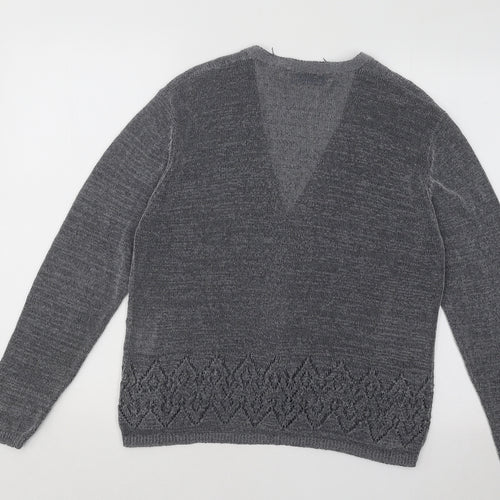 Compliments Womens Grey V-Neck Geometric Polyester Cardigan Jumper Size 14