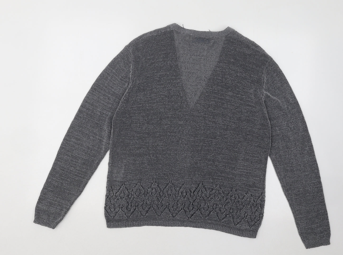 Compliments Womens Grey V-Neck Geometric Polyester Cardigan Jumper Size 14