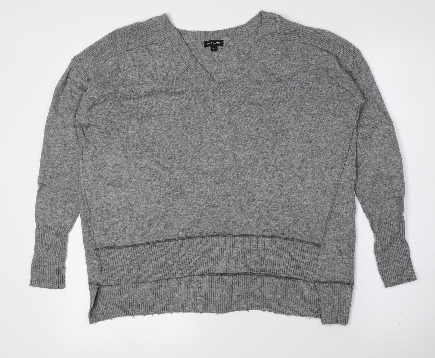 River Island Womens Grey V-Neck Viscose Pullover Jumper Size 8 - Elbow pads
