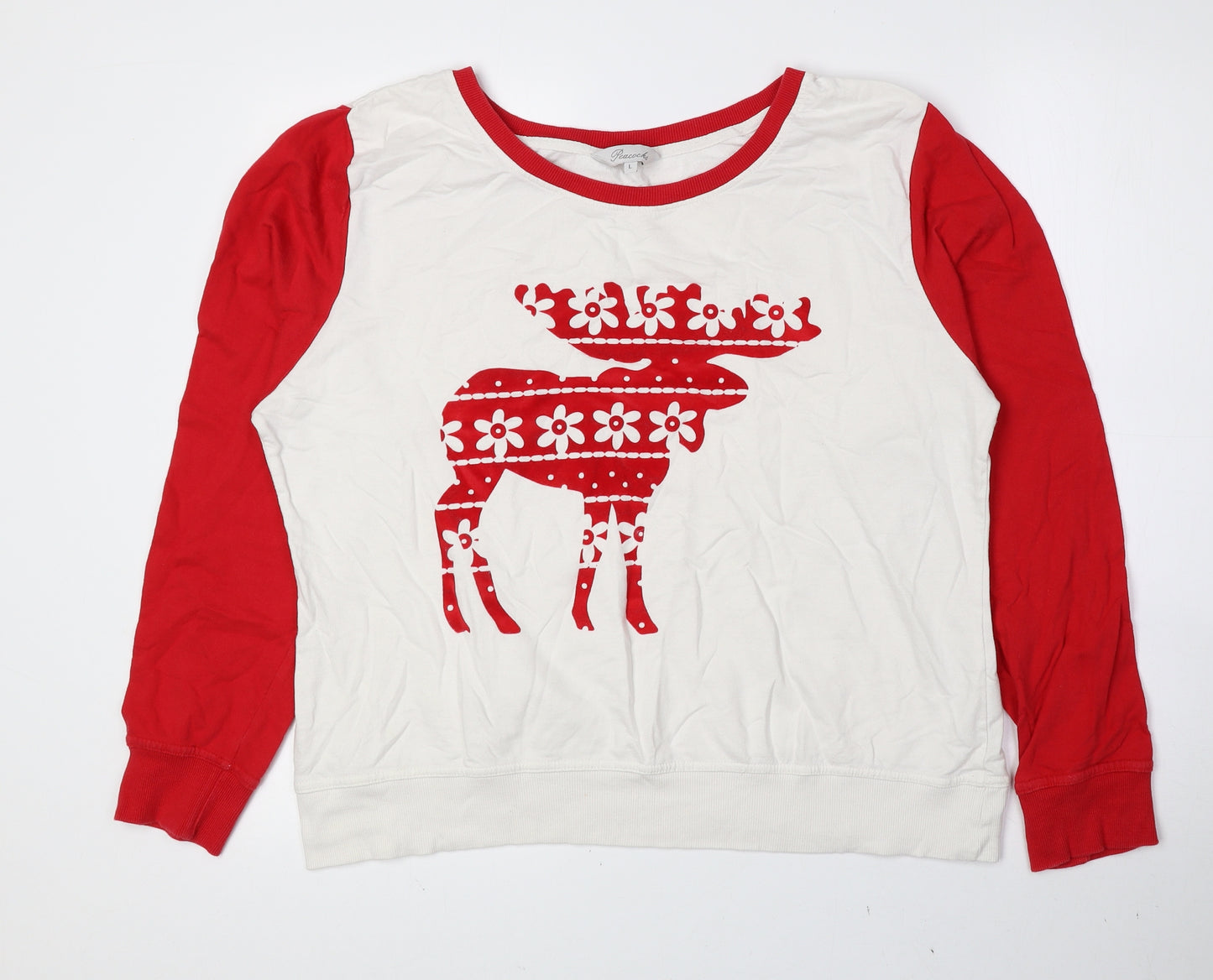 Peacocks Womens Red Geometric 100% Cotton Pullover Sweatshirt Size L Pullover - Reindeer