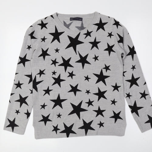Marks and Spencer Womens Grey Crew Neck Geometric Acrylic Pullover Jumper Size 8 - Stars