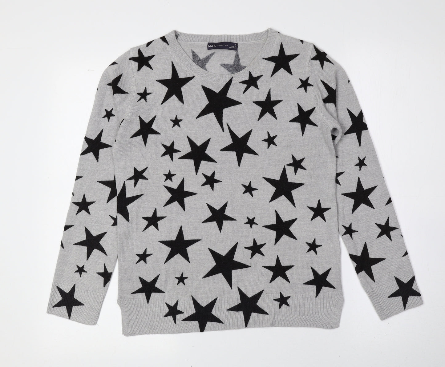 Marks and Spencer Womens Grey Crew Neck Geometric Acrylic Pullover Jumper Size 8 - Stars