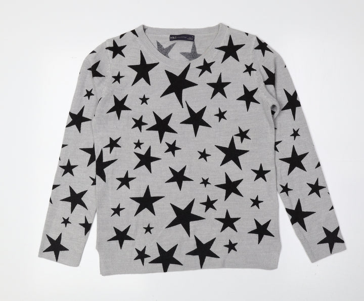 Marks and Spencer Womens Grey Crew Neck Geometric Acrylic Pullover Jumper Size 8 - Stars