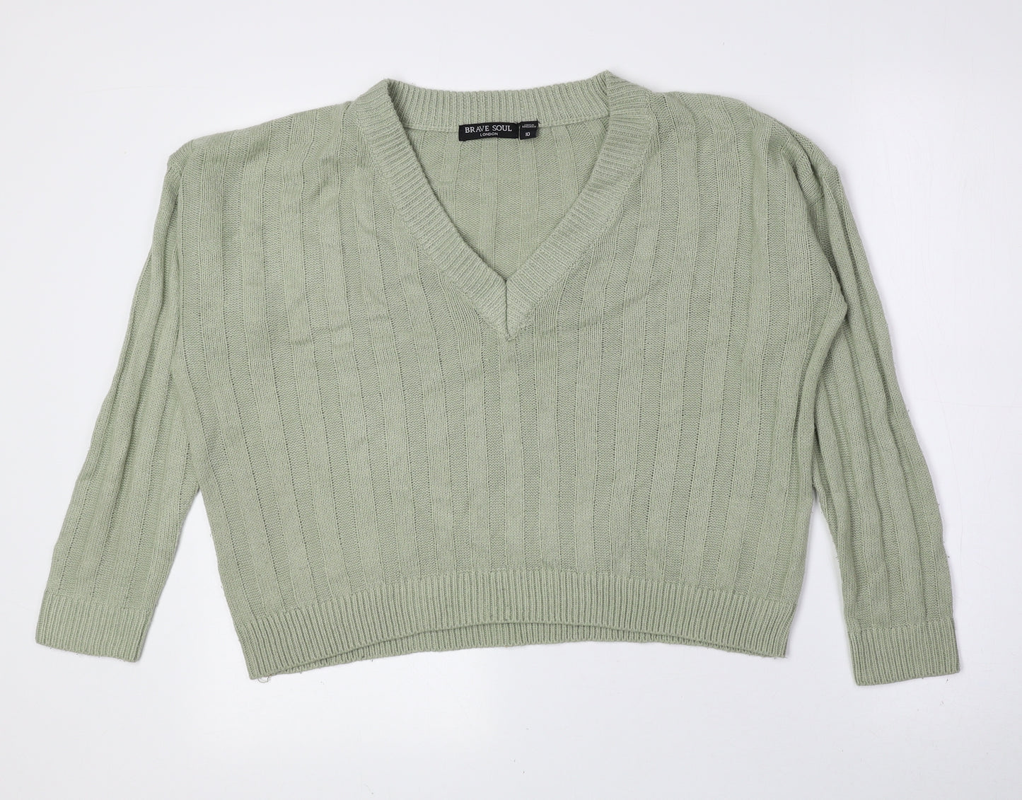 Brave Soul Womens Green V-Neck Acrylic Pullover Jumper Size 10 - Cropped