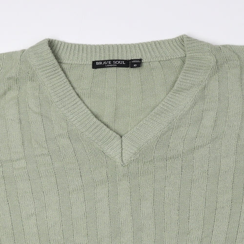 Brave Soul Womens Green V-Neck Acrylic Pullover Jumper Size 10 - Cropped
