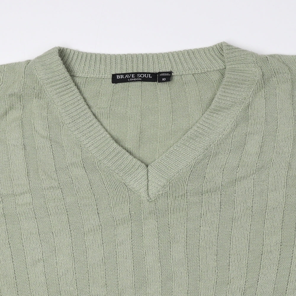 Brave Soul Womens Green V-Neck Acrylic Pullover Jumper Size 10 - Cropped