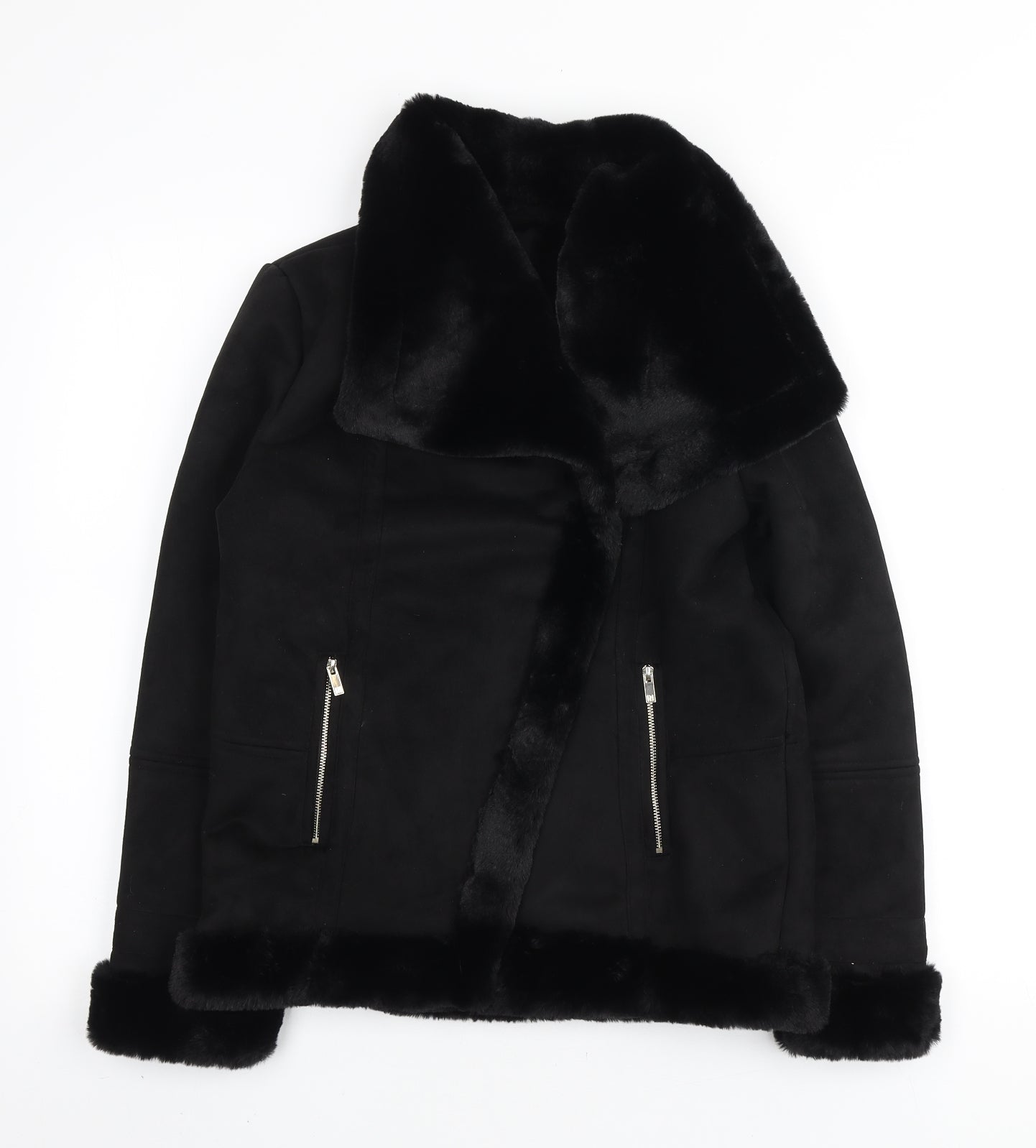 River Island Girls Black Biker Jacket Size 11-12 Years Zip - Fur Lined