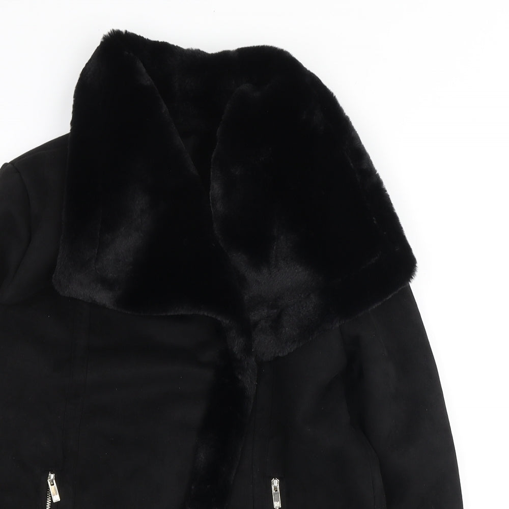 River Island Girls Black Biker Jacket Size 11-12 Years Zip - Fur Lined
