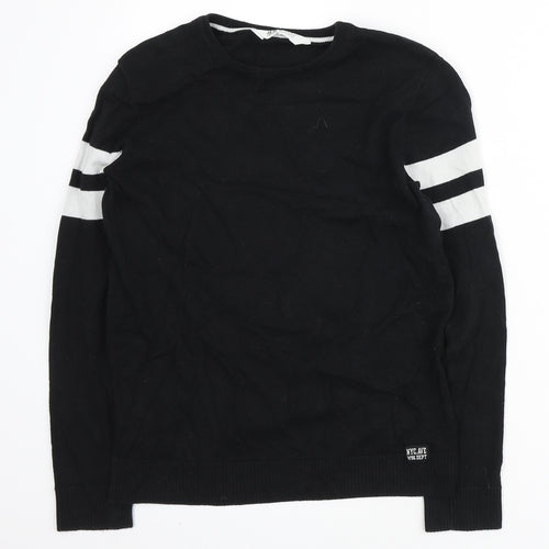 H&M Girls Black Round Neck Cotton Pullover Jumper Size 10-11 Years Pullover - stripes on sleeve
