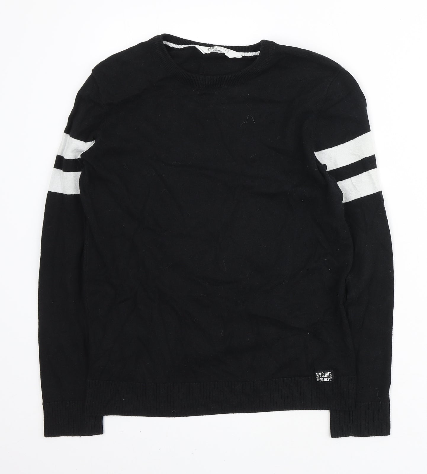 H&M Girls Black Round Neck Cotton Pullover Jumper Size 10-11 Years Pullover - stripes on sleeve