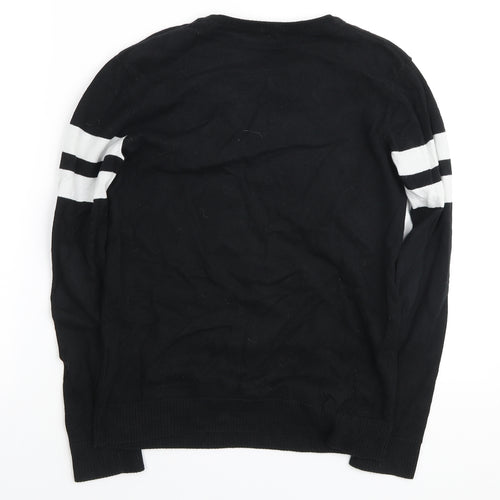 H&M Girls Black Round Neck Cotton Pullover Jumper Size 10-11 Years Pullover - stripes on sleeve