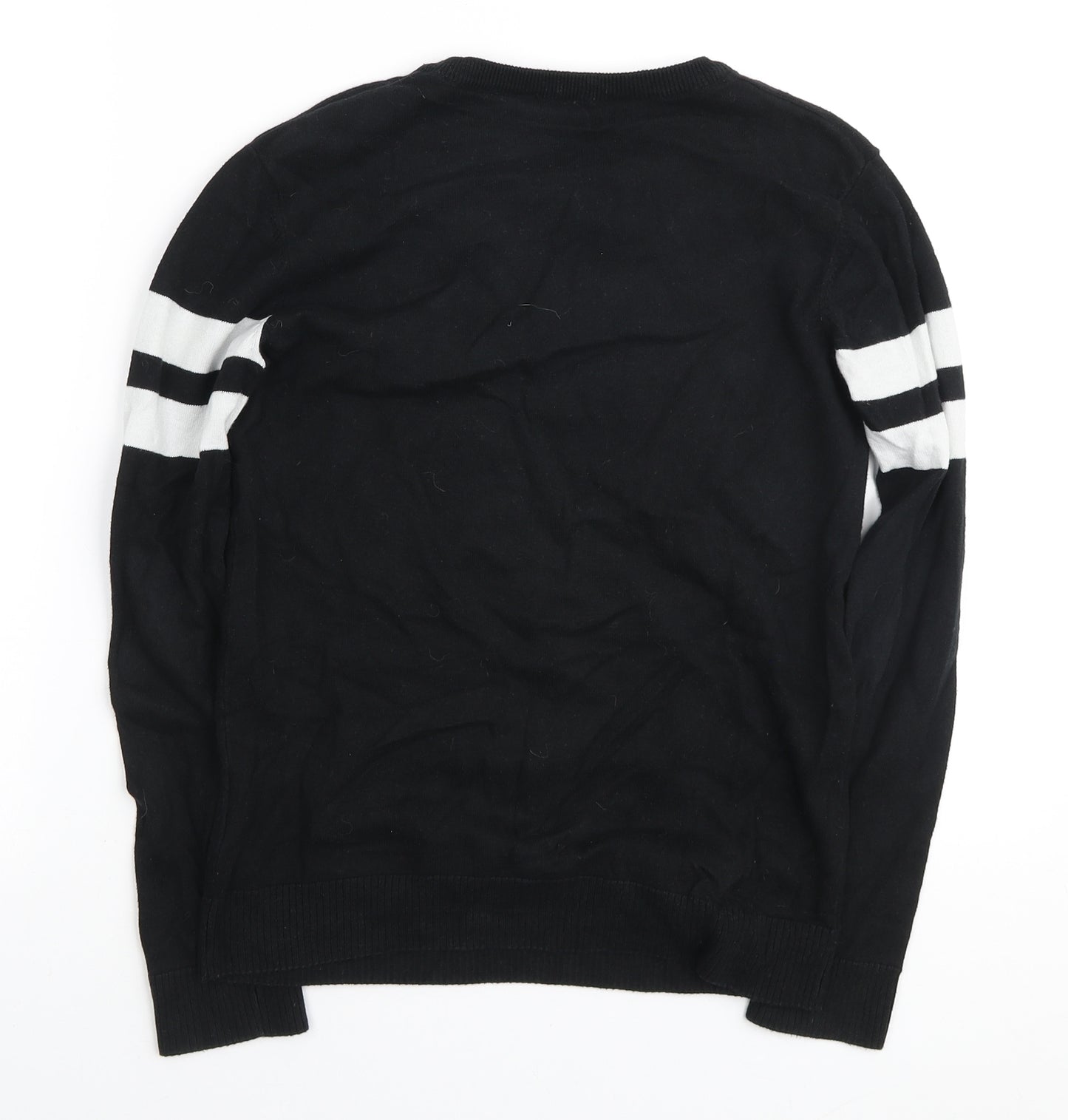 H&M Girls Black Round Neck Cotton Pullover Jumper Size 10-11 Years Pullover - stripes on sleeve