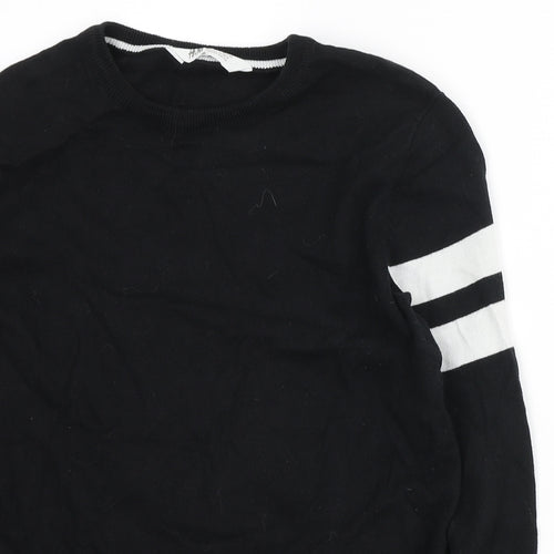 H&M Girls Black Round Neck Cotton Pullover Jumper Size 10-11 Years Pullover - stripes on sleeve