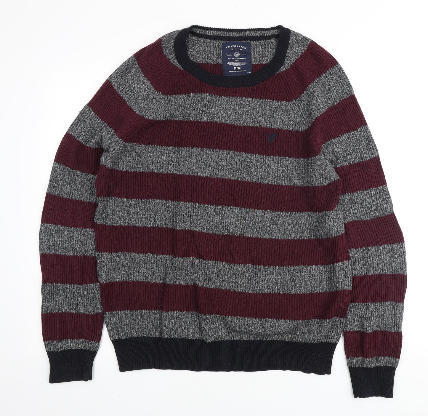 American Eagle Outfitters Mens Grey Round Neck Striped Cotton Pullover Jumper Size M