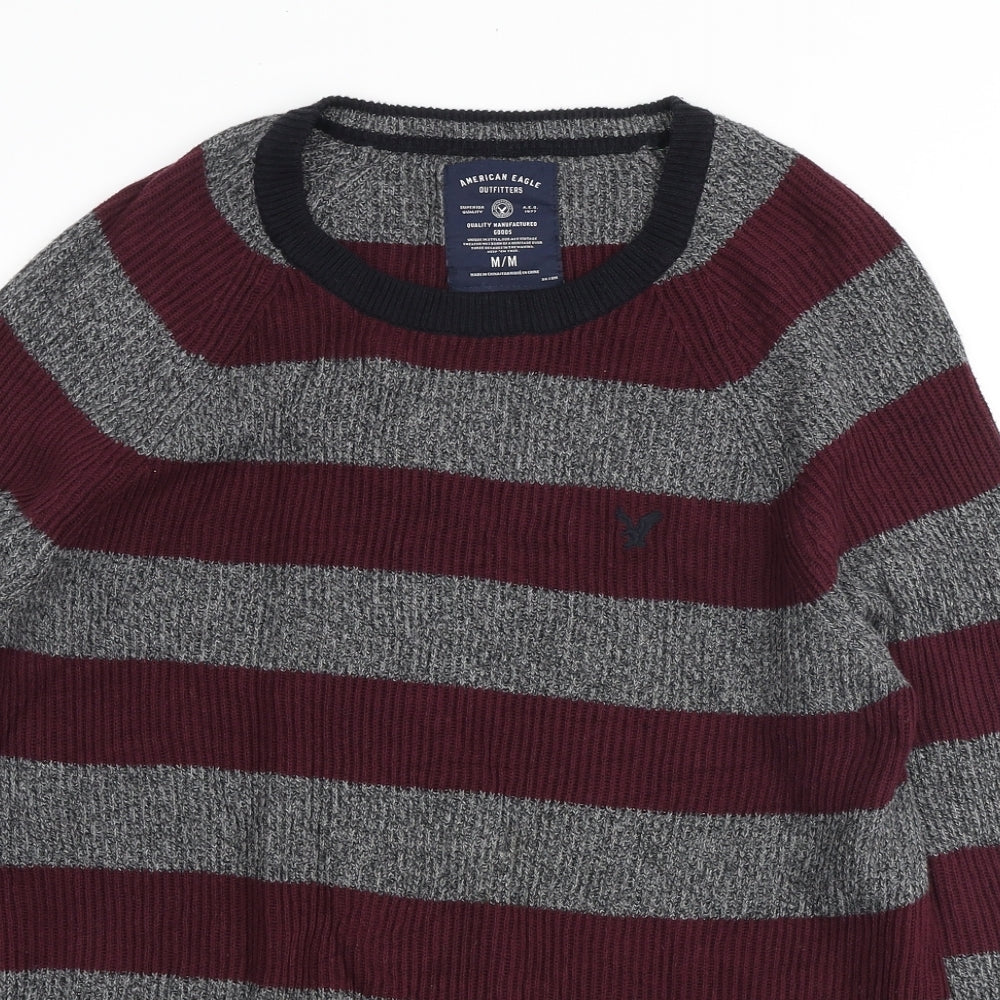 American Eagle Outfitters Mens Grey Round Neck Striped Cotton Pullover Jumper Size M