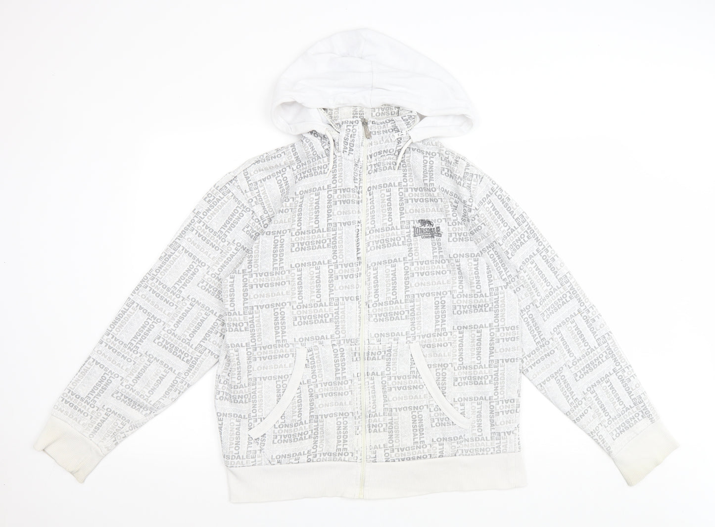 Lonsdale Mens White Geometric Polyester Full Zip Hoodie Size S - Logo pattern