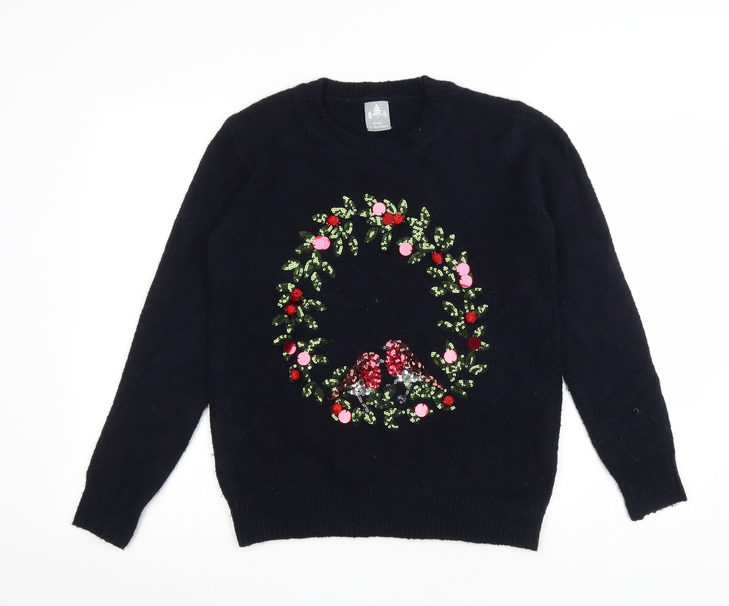 George Womens Black Round Neck Acrylic Pullover Jumper Size S - Christmas Wreath